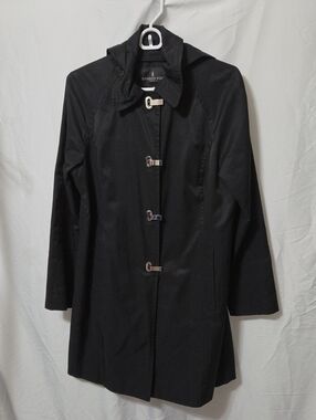 Black Hooded Toggle-Front Trench Coat Jacket w/Pockets, Size Medium, Like New